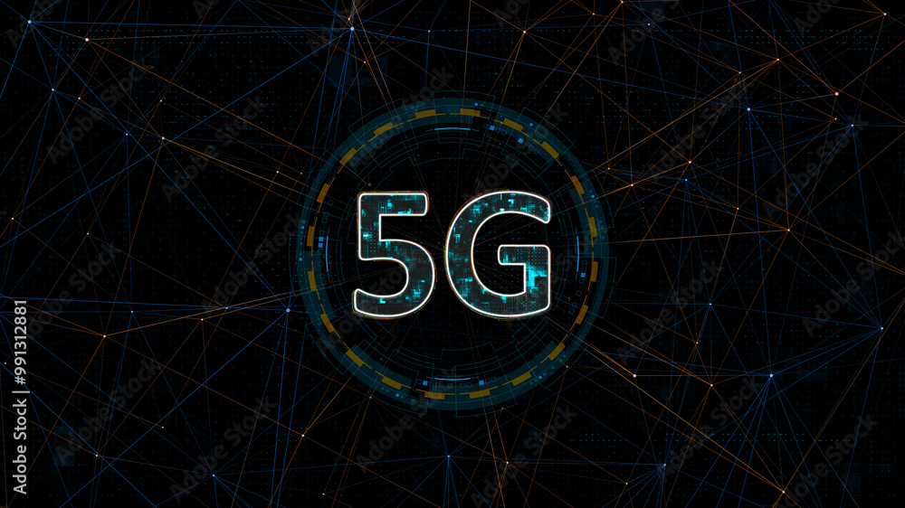 Poster blue digital 5g letter logo with circle futuristic hud elements and orange line connection with gene