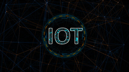 Blue digital IOT logo with circle futuristic HUD elements and orange line connection with internet of things concepts on abstract background