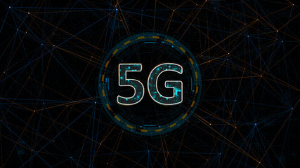 Blue digital 5G letter logo with circle futuristic HUD elements and orange line connection with generation of connection technology concepts on abstract background