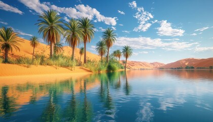 Breathtaking desert oasis with palm trees and serene water reflecting the vibrant blue sky and golden sands.