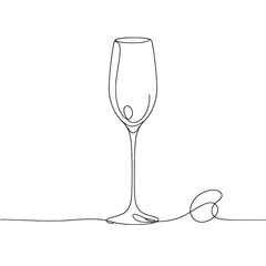 A wine glass is drawn in a line drawing style. The glass is empty and has a stem