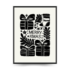 Merry Christmas and Happy New Year vertical flyer or poster template. Modern trendy Matisse minimal style. Hand drawn design for wallpaper, wall decor, print, postcard, cover, template, banner.
