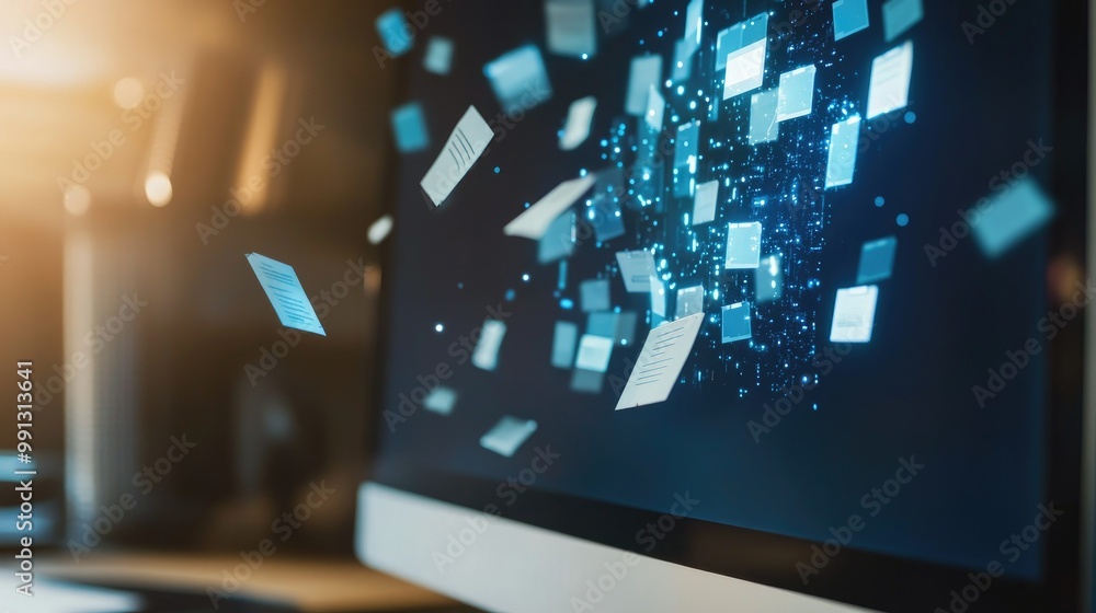 Poster a computer screen with icons of deleted files disappearing, symbolizing the concept of digital waste