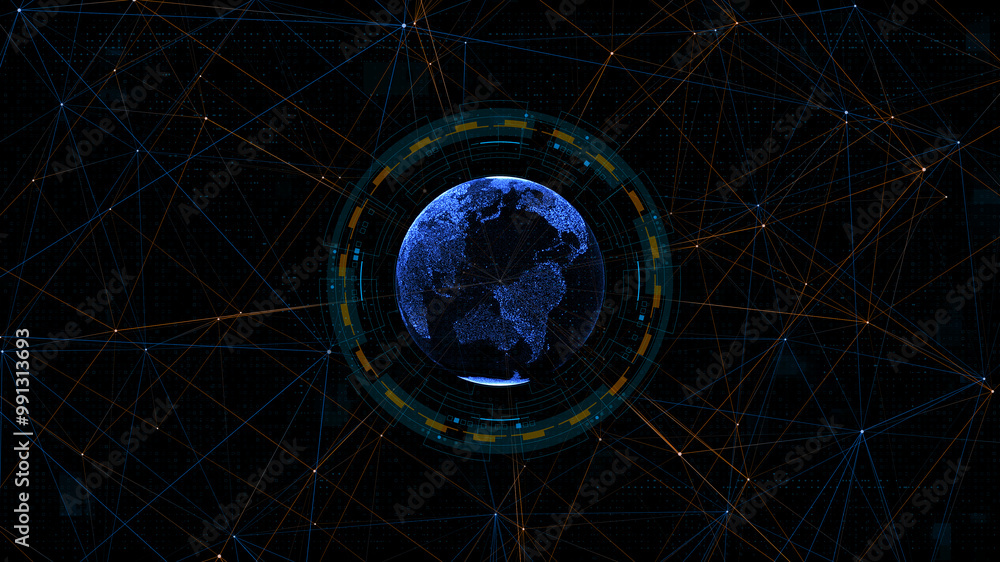 Poster blue digital earth sphere with circle futuristic hud elements and orange line connection technology 
