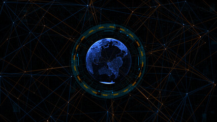 Blue digital earth sphere with circle futuristic HUD elements and orange line connection technology on abstract background concepts