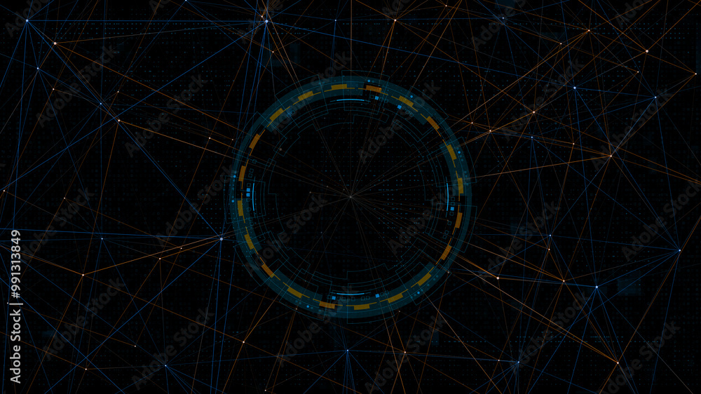 Poster blue digital circle futuristic hud elements and orange line connection on abstract background techno