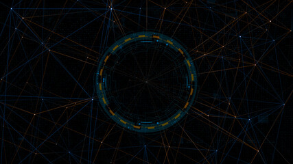 Blue digital circle futuristic HUD elements and orange line connection on abstract background technology concepts