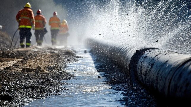 A broken gas pipeline spraying water into the air from the ground, caused by earthquake damage, with emergency crews responding.