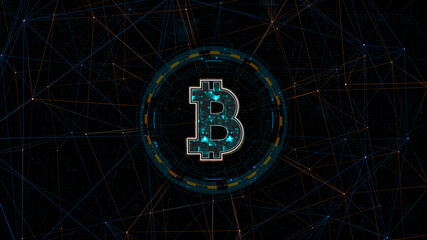 Blue digital money logo with circle futuristic HUD elements and orange line connection with crypto currency finance and digital money technology concepts abstract background