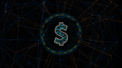 Blue digital money logo with circle futuristic HUD elements and orange line connection with crypto currency finance and digital money technology concepts abstract background