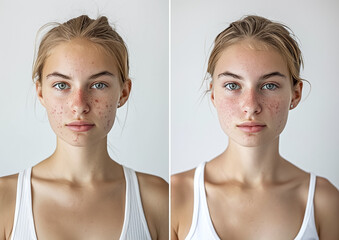 Close up teenage girl before and after acne treatment.