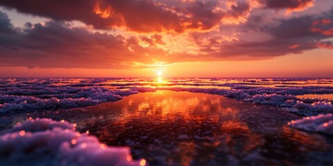 Fototapeta premium Stunning sunset over a tranquil body of water, with vibrant colors reflecting on the surface.