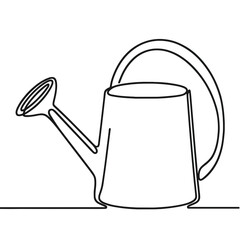 A watering can with a handle and spout. The spout is pointed and the handle is curved