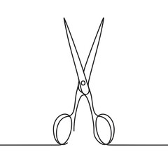 A pair of scissors with a black handle and a silver blade. The scissors are drawn in a stylized way, with the handle and blade appearing to be cut out of the paper