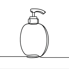 Fototapeta premium A bottle of soap is shown in a black and white drawing. The soap is sitting on a table and he is a simple, everyday object. The drawing is in a monochromatic style, which gives it a clean