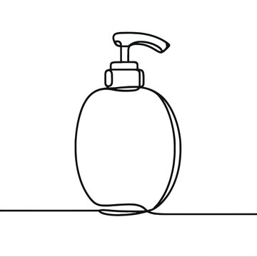 recommend clip art: A bottle of soap is shown in a black and white drawing. The soap is sitting on a table and he is a simple, everyday object. The drawing is in a monochromatic style, which gives it a clean