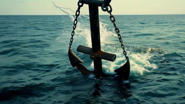 An anchor is descending into tranquil ocean waters during sunset, causing gentle ripples. The scene captures the moment of securing a boat amidst serene surroundings