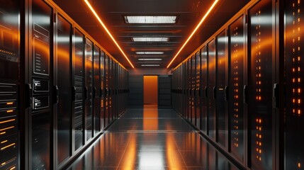 Modern Numbers. Design of Modern Data Center Server Room at Night with Illuminated Orange Lights and Numerical Data Display