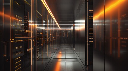 Modern Numbers. Interior Design of Data Center Server Room at Night Illuminated with Display of Data