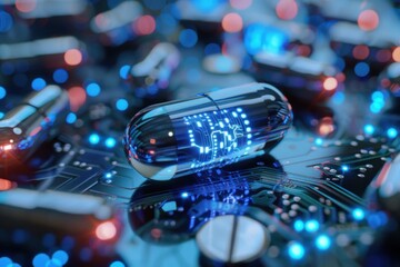 Futuristic Digital Pill on a Circuit Board with Blue LED Lights Highlighting Technology Integration.