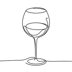 A wine glass is drawn in a line drawing style. The glass is half full, and the stem is visible. The wine glass is placed on a table, and the background is white