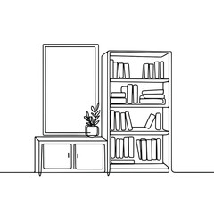 A white bookcase with a potted plant on top of it. The plant is green and has a leafy appearance. The bookcase is filled with books of various sizes and colors. The room has a cozy © KATERINA.AI