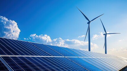 Renewable Energy Wind Turbines and Solar Panels in Countryside Landscape