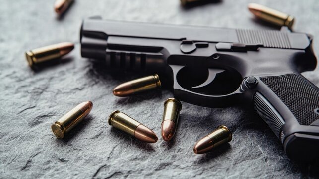Close-up of a black pistol surrounded by shiny bullets on a textured surface, highlighting weaponry and ammunition details.