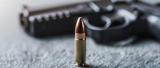 Close-up of a bullet resting on a surface with a handgun in the background, highlighting themes of firearms and ammunition.