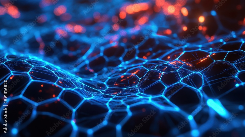 Poster a mesmerizing representation of intricate blue and orange neon patterns flowing like waves, creating
