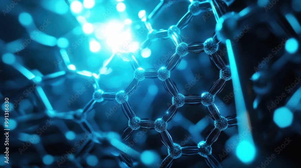 Poster exploring the intricate patterns of molecular structures illuminated by vibrant blue light in a futu