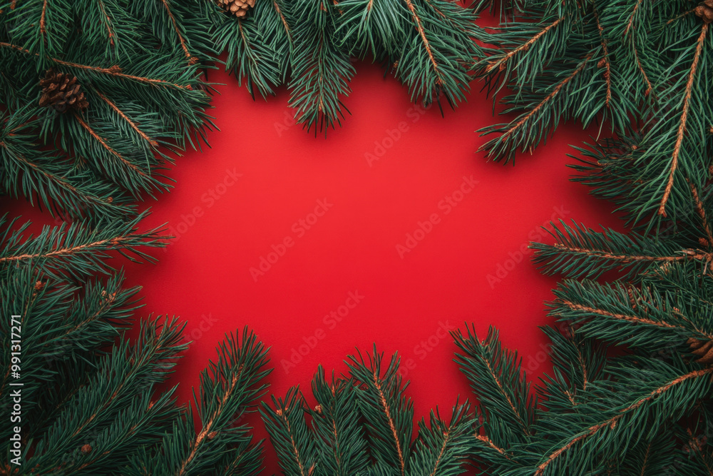 Poster christmas border made of natural fir branches and cones on a red background with empty copy space in