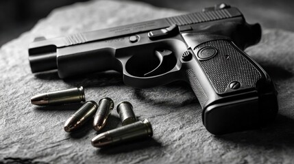 Obraz premium A close-up image of a sleek black handgun resting on a textured stone surface, with bullets scattered nearby.