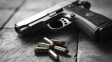 A close-up shot of a black handgun and brass bullets on a textured surface, symbolizing themes of security and danger.