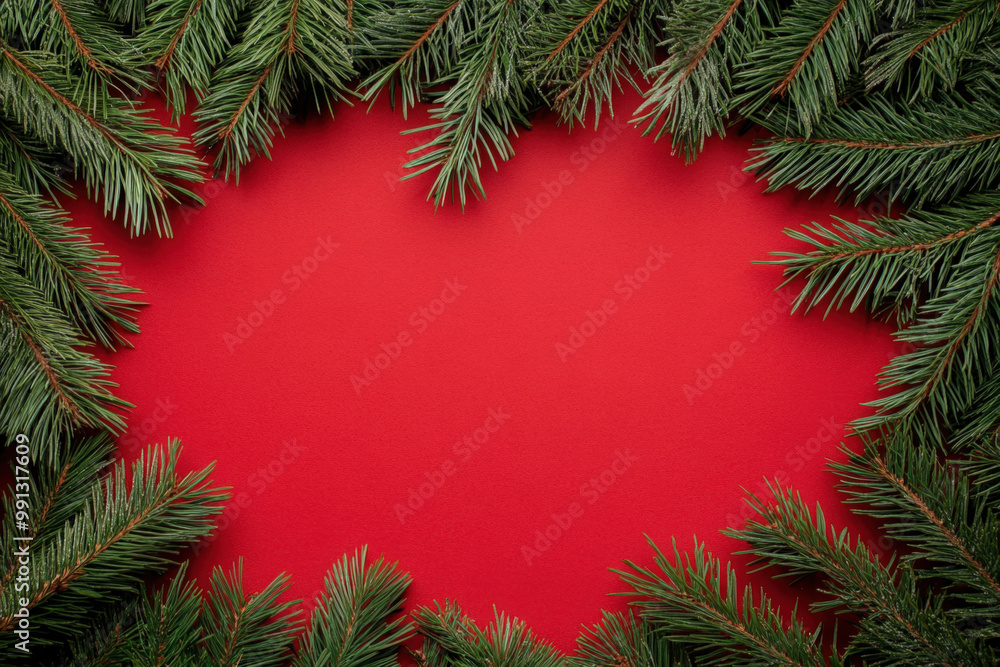 Poster christmas tree branches forming a frame on a red background, creating a festive holiday backdrop