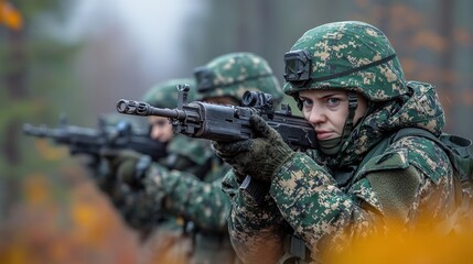 Fototapeta premium Soldiers ready their weapons, showing teamwork and resolve in the fall colors