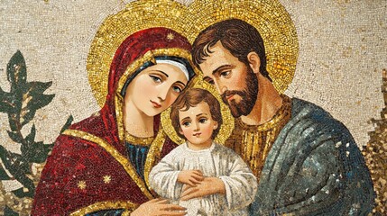 Mosaic of the Holy Family, with Jesus, Mary, and Joseph in an elegant, ancient art style, reflecting devotion and faith © 69
