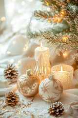 Beautiful bright christmas card with candles and christmas balls