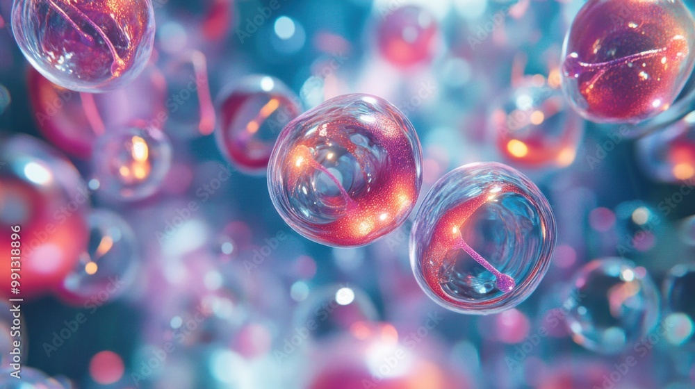Poster a vibrant image of stem cells floating in a clear liquid, surrounded by molecular models and scienti