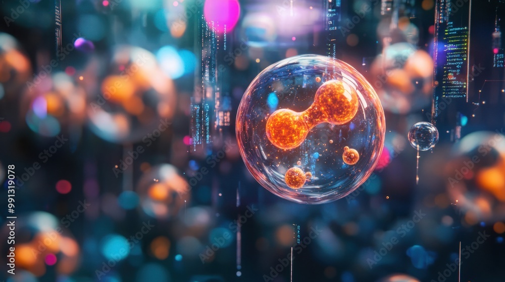 Poster a vibrant image of stem cells floating in a clear liquid, surrounded by molecular models and scienti