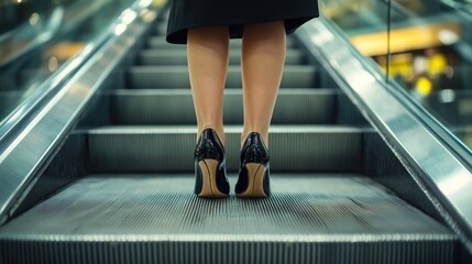 A close-up of a businesswoman's feet in high heels standing on an escalator step, with the polished metal and movement visible beneath her.