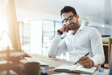 Bored, businessman and writing with book for schedule, planning or business report at office....