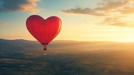Fototapeta premium background with a heart-shaped hot air balloon floating over a scenic landscape during golden hour
