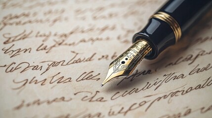 Fototapeta premium A close-up of a luxury fountain pen with a gold nib resting on a sheet of elegant stationery, with a handwritten note in cursive beside it.