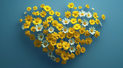 Heart of daisies. Heart-shaped yellow and white flowers, beautifuRomantic messages. Heart symbolizing love. l background, Valentine's Day. Postcard. Happy birthday 