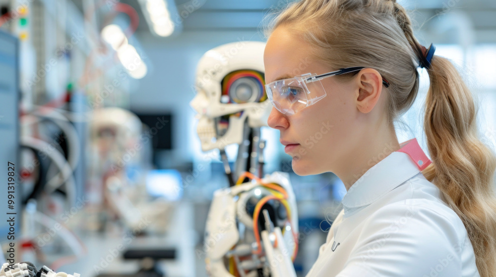 Poster female emotion engineer programming a humanoid robot in a research lab