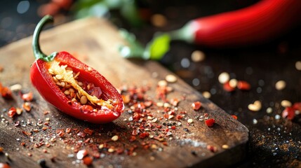 A close-up of a vibrant red chili pepper being sliced on a wooden cutting board, with small seeds and stems visible in the shot.