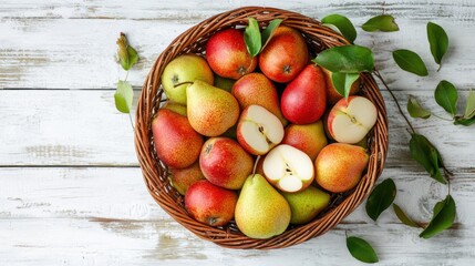 Pear fruit with leaf in basket over texture background