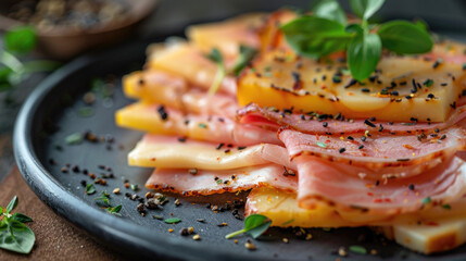 Crusty bread sandwich with jamon serrano and basil close up in fry pan