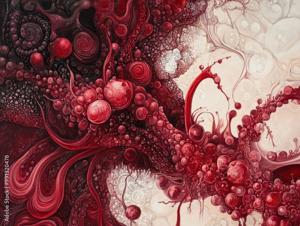 Poster intricate swirling patterns of red and white create a mesmerizing abstract artwork resembling a cosm